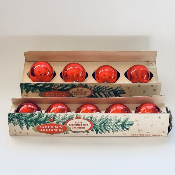 9 VTG Shiny Brite 1940’s-50’s Mercury Glass Christmas Ornaments Red Original Box - Picture 1 of 5
